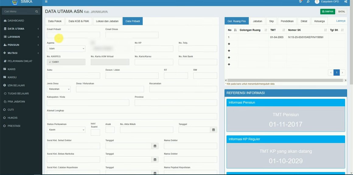 Form pemutakhiran data ASN: data pokok, pribadi, keluarga dan riwayat
