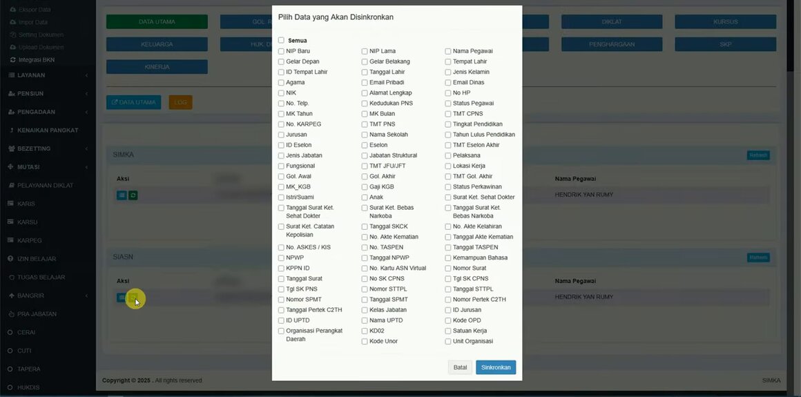 Dialog sinkronisasi untuk memilih field data yang dikirim ke SIASN BKN